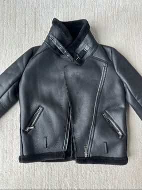 Zara Black Genuine Leather Aviator Jacket with Shearling Interior & Collar